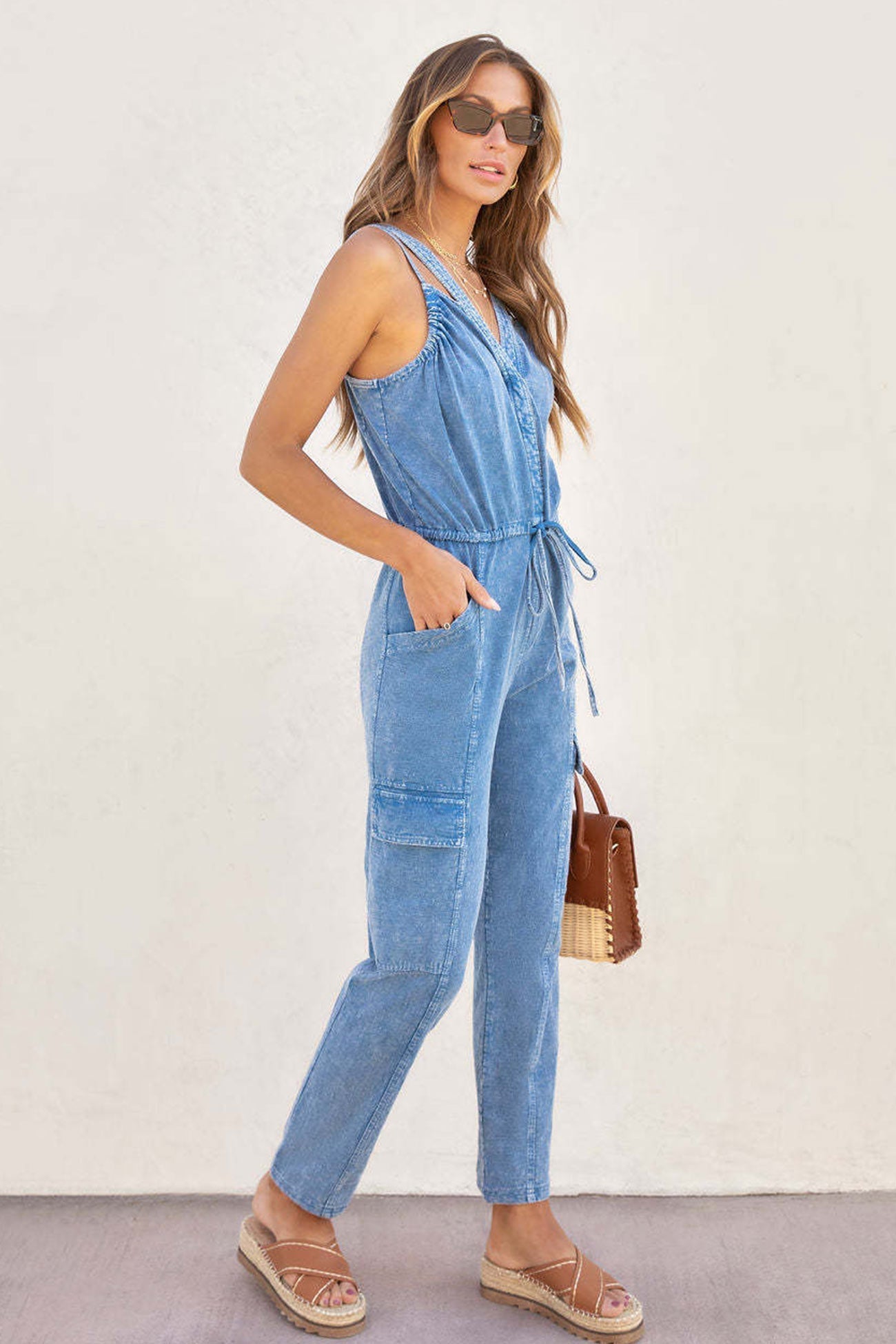 V Neck Tie-waist Pocketed Denim Jumpsuits