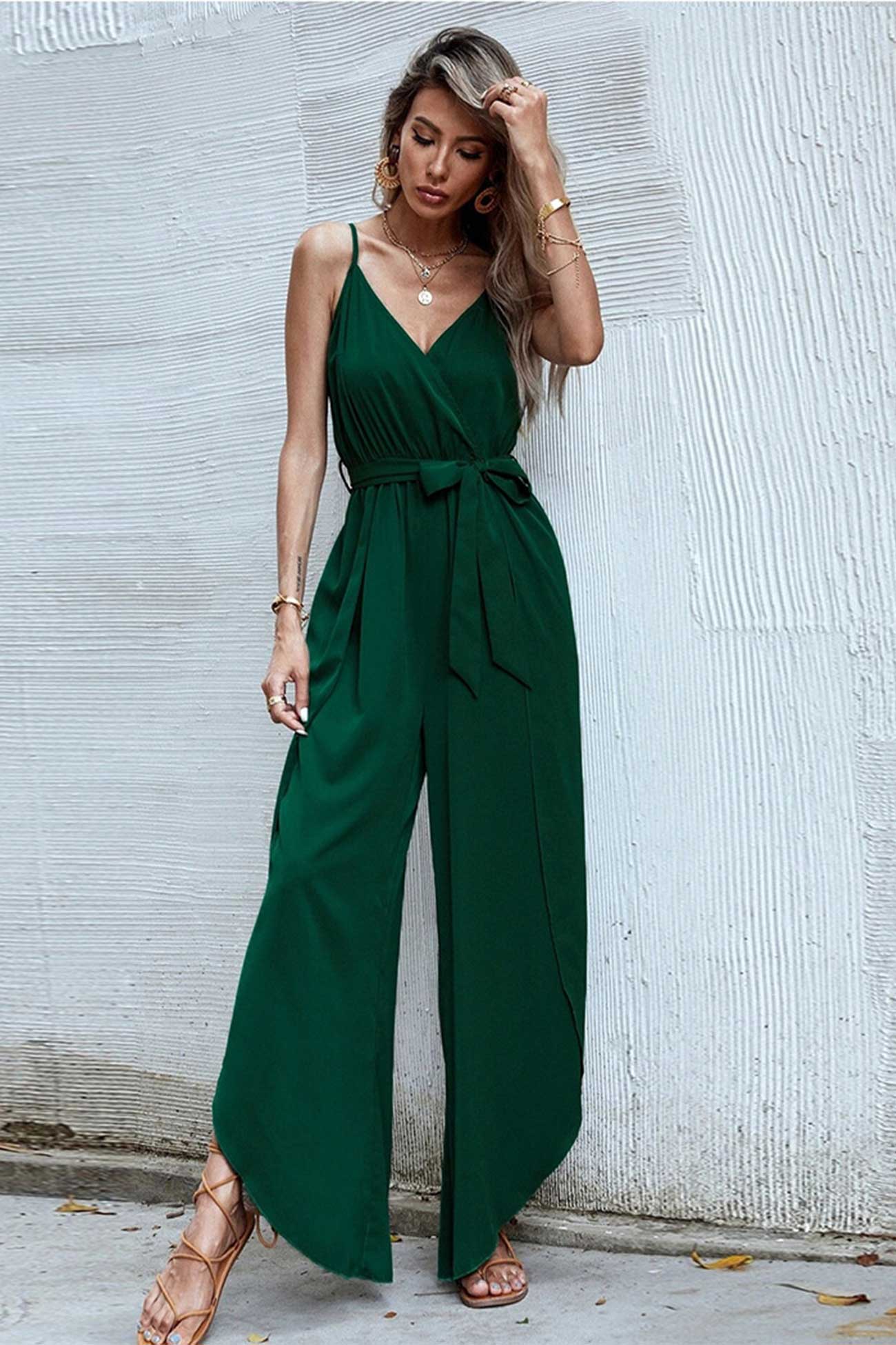 V Neck Waisted Slit Jumpsuits