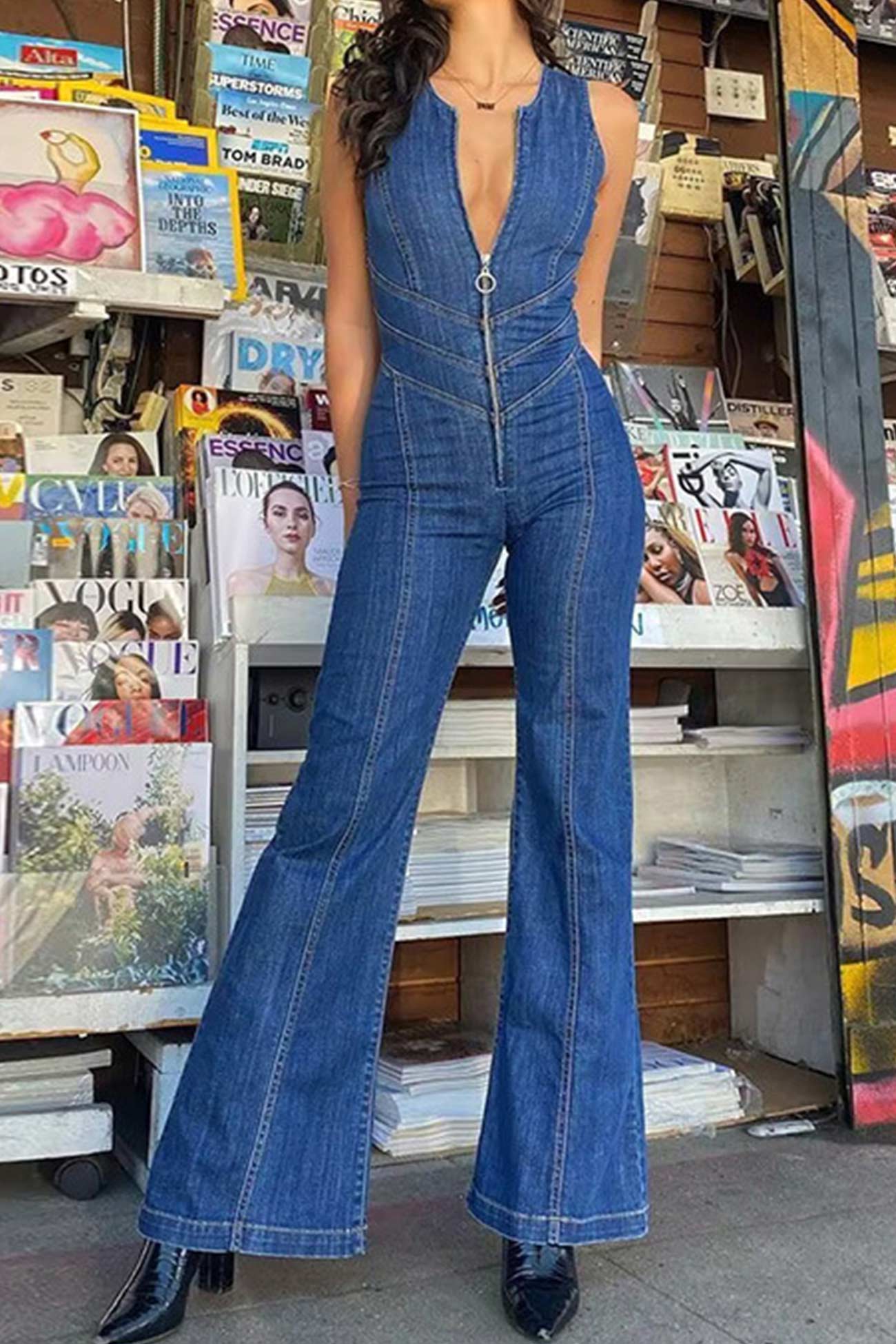 V Neck Zipper Cutout Sleeveless Denim Jumpsuits