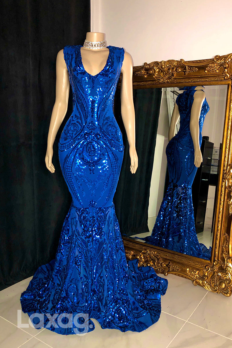 22469 - V-Neck Appliques Sequins Mermaid Prom Dresses for Black Girl Slay - Fashionpara