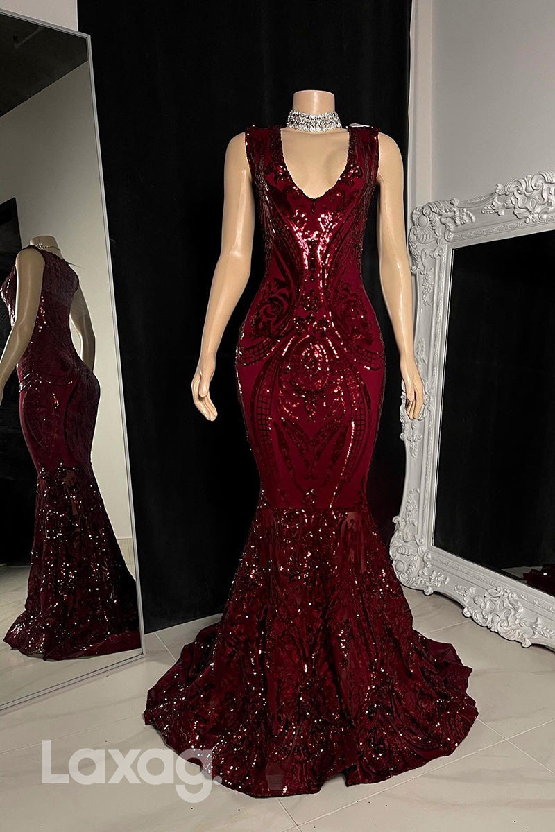 22469 - V-Neck Appliques Sequins Mermaid Prom Dresses for Black Girl Slay - Fashionpara