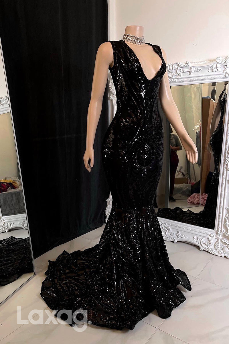 22469 - V-Neck Appliques Sequins Mermaid Prom Dresses for Black Girl Slay - Fashionpara