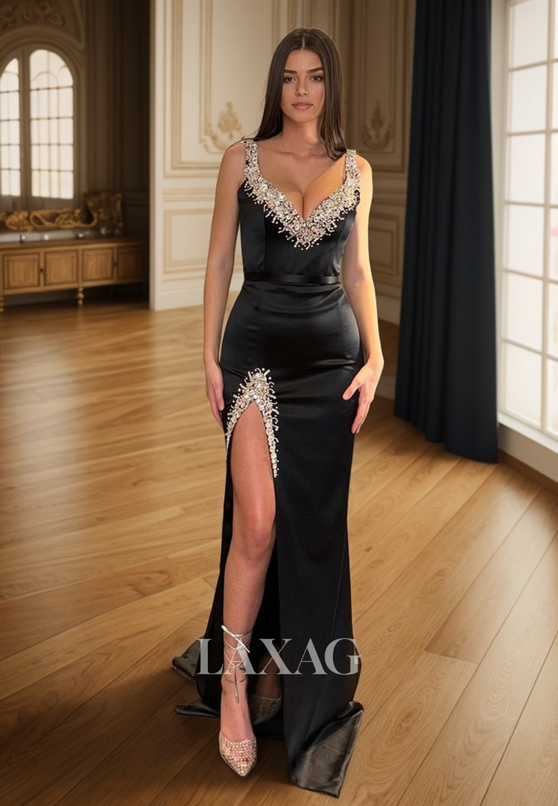 23169 - V-Neck Beaded High Slit Mermaid Party Prom Formal Evening Dress with Train - Fashionpara