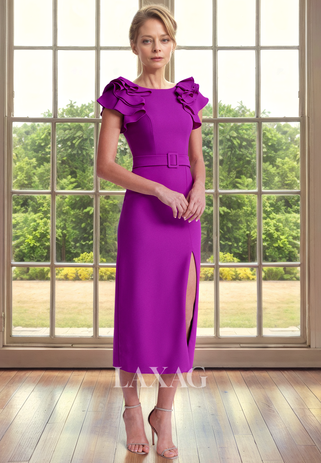 V-Neck Cap Sleeves Sleek Satin Ankle-Length Mother of the Bride Dress with Slit - Fashionpara