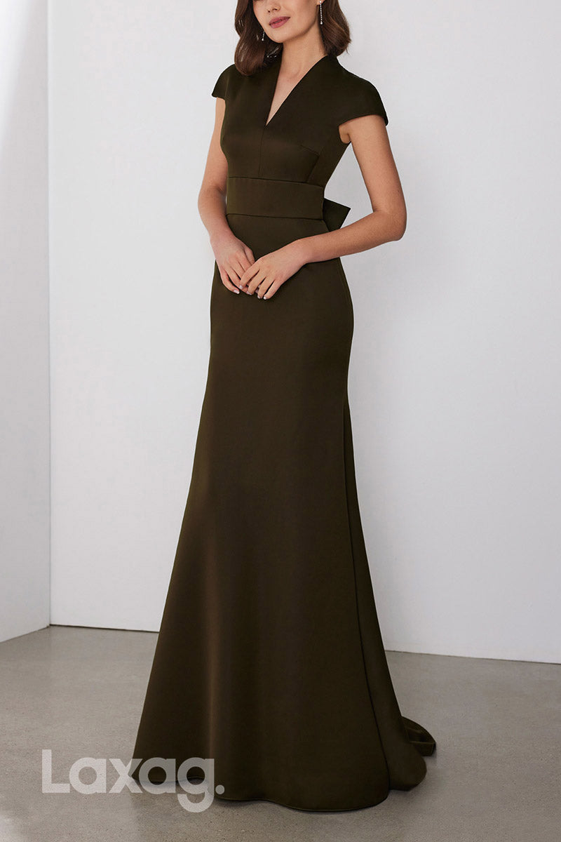 22887 - V-Neck Cap Sleeves Sleek Satin Mermaid Cocktail Party Formal Evening Dress - Fashionpara