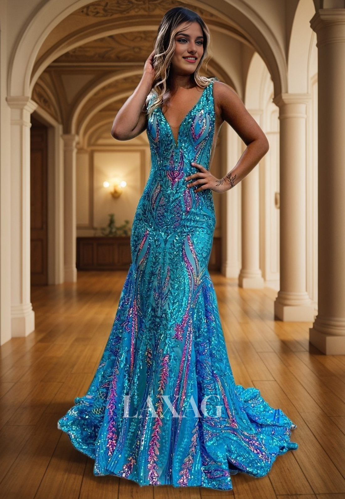 23187 - V-Neck Fully Sequins Mermaid Party Prom Formal Evening Dress with Train - Fashionpara