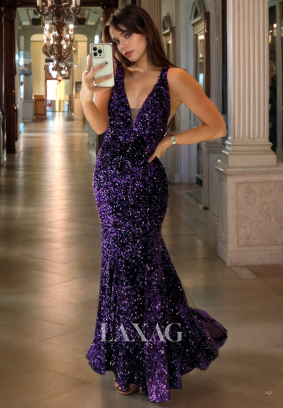 V-Neck Fully Sequins Mermaid Party Prom Formal Evening Dress with Train - Fashionpara