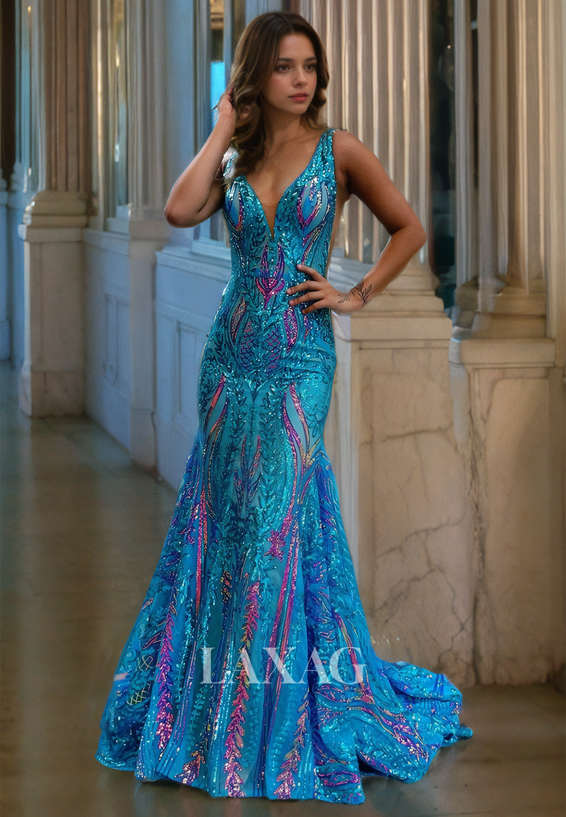 V-Neck Fully Sequins Mermaid Party Prom Formal Evening Dress with Train - Fashionpara