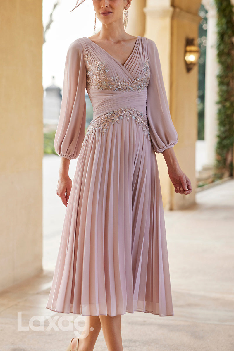 23002 - V-Neck Long Sleeves Appliques Beaded Chiffon Mother of the Bride Dress - Fashionpara