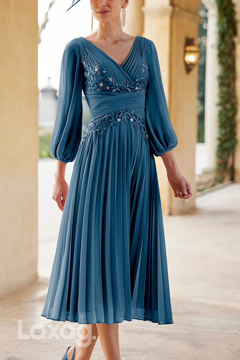 23002 - V-Neck Long Sleeves Appliques Beaded Chiffon Mother of the Bride Dress - Fashionpara