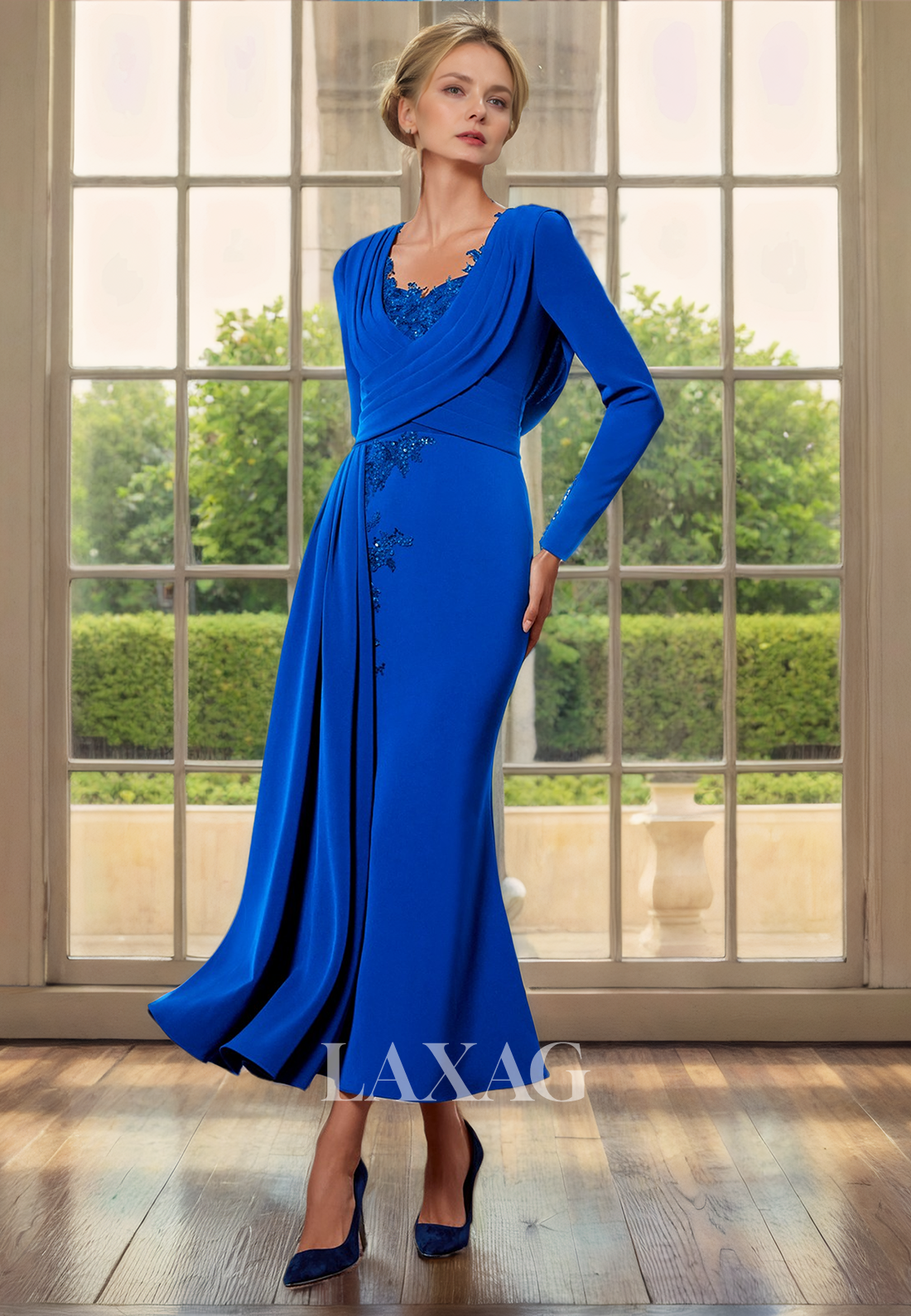 V-Neck Long Sleeves Appliques Sleek Satin Mermaid Mother of the Bride Dress - Fashionpara