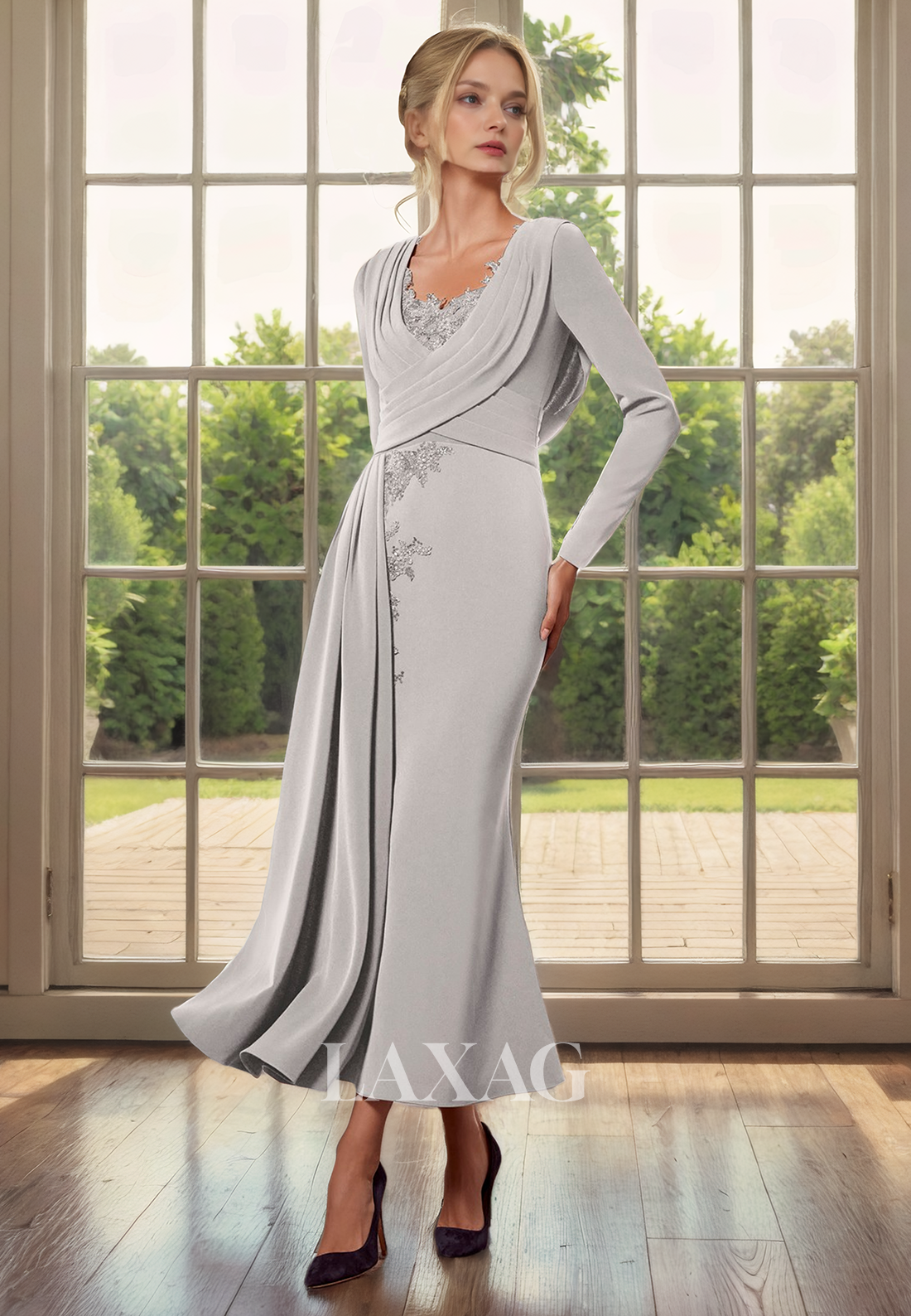 V-Neck Long Sleeves Appliques Sleek Satin Mermaid Mother of the Bride Dress - Fashionpara