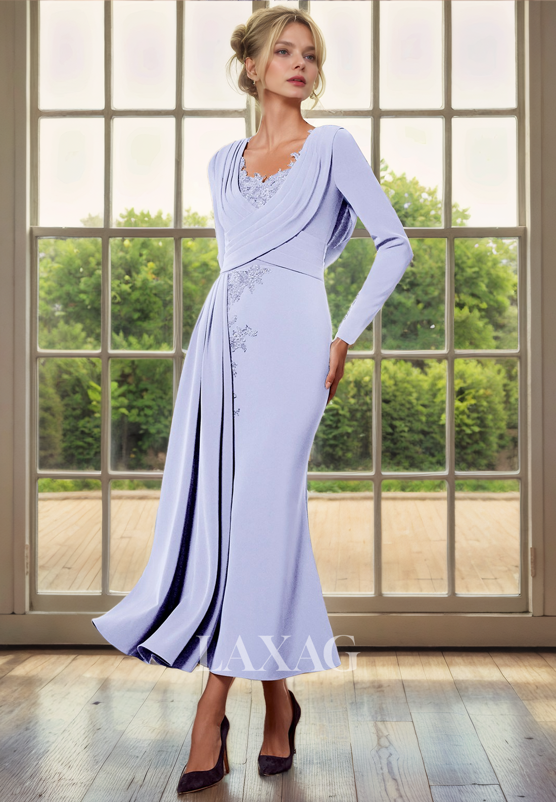 V-Neck Long Sleeves Appliques Sleek Satin Mermaid Mother of the Bride Dress - Fashionpara