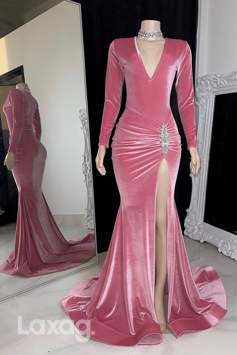 22572 - V-Neck Long Sleeves Beaded High Slit Mermaid Prom Dresses for Black Girl Slay - Fashionpara