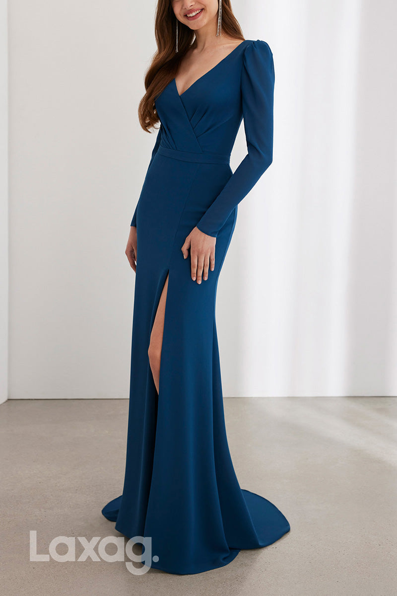 22956 - V-Neck Long Sleeves Cocktail Party Formal Evening Dress with Slit and Train - Fashionpara