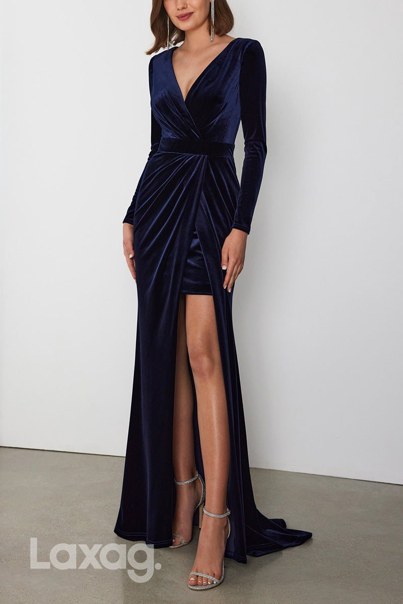 22960 - V-Neck Long Sleeves Cocktail Party Formal Evening Dress with Slit and Train - Fashionpara