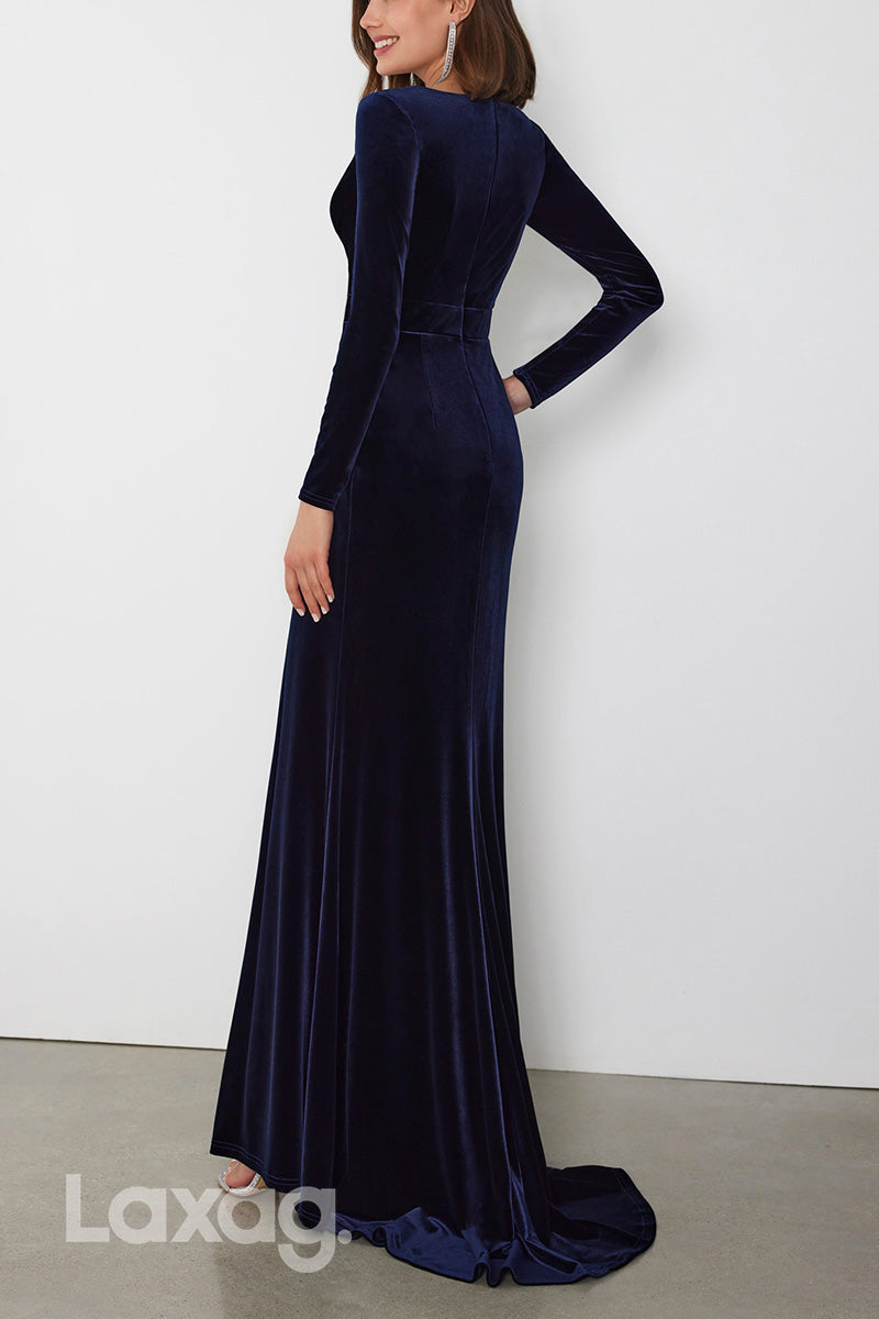 22960 - V-Neck Long Sleeves Cocktail Party Formal Evening Dress with Slit and Train - Fashionpara