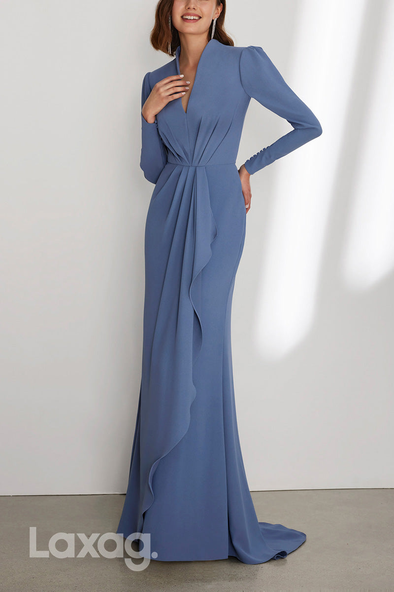 22958 - V-Neck Long Sleeves Cocktail Party Formal Evening Dress with Train - Fashionpara