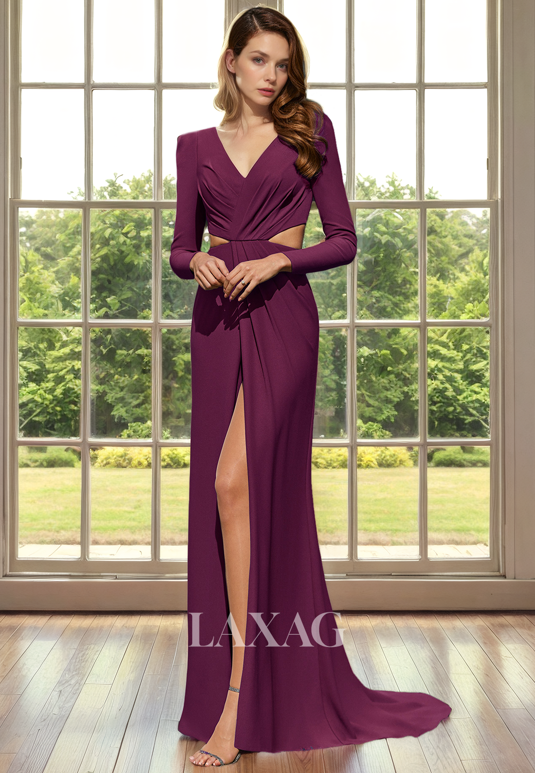 V-Neck Long Sleeves Cutout Sleek Satin Mother of the Bride Dress with Slit and Train - Fashionpara