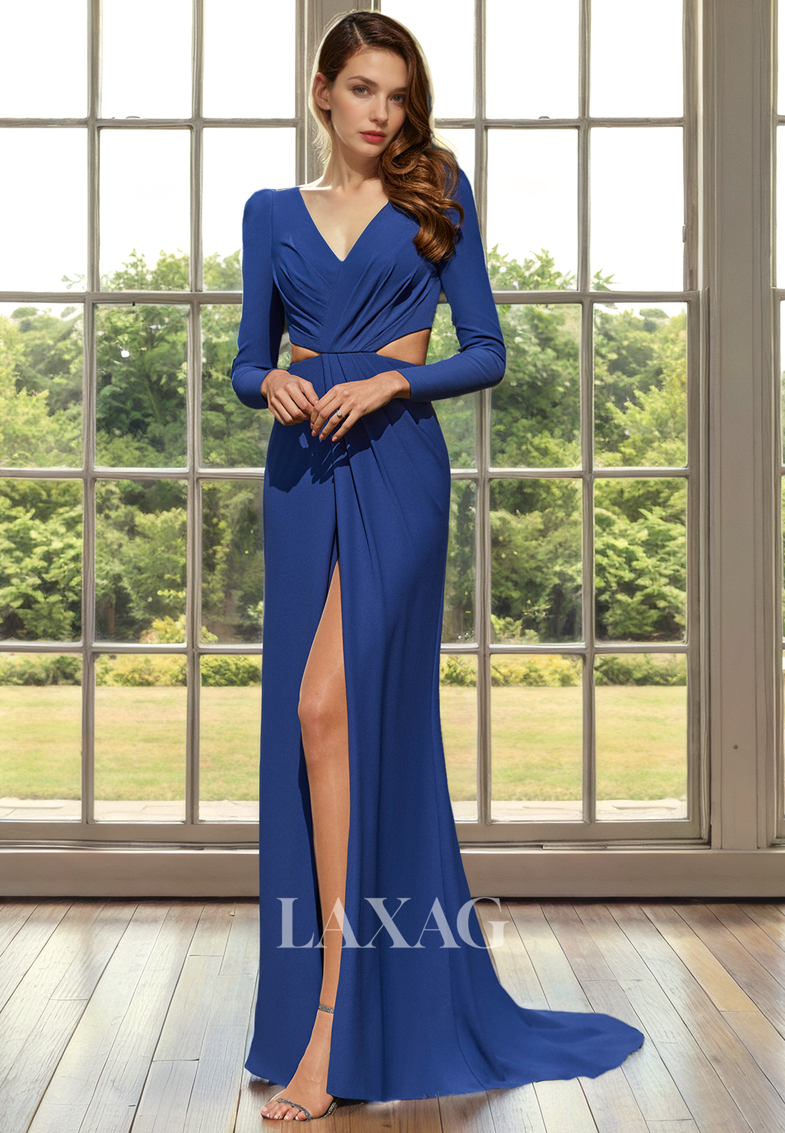 V-Neck Long Sleeves Cutout Sleek Satin Mother of the Bride Dress with Slit and Train - Fashionpara