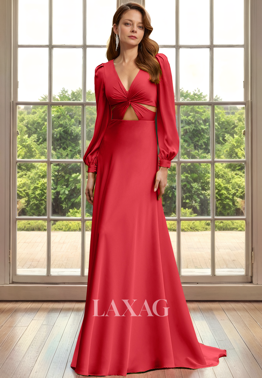 V-Neck Long Sleeves Cutout Sleek Satin Mother of the Bride Dress with Train - Fashionpara