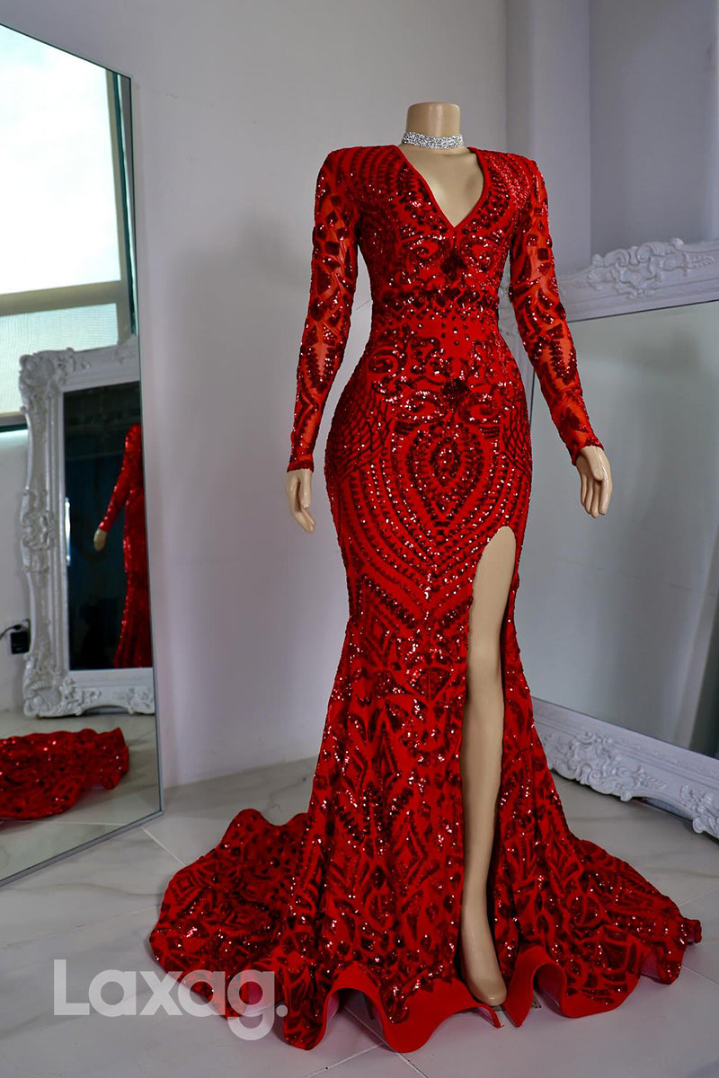 22392 - V-Neck Long Sleeves Fully Sequins High Slit Mermaid Prom Dresses for Black Girl Slay - Fashionpara