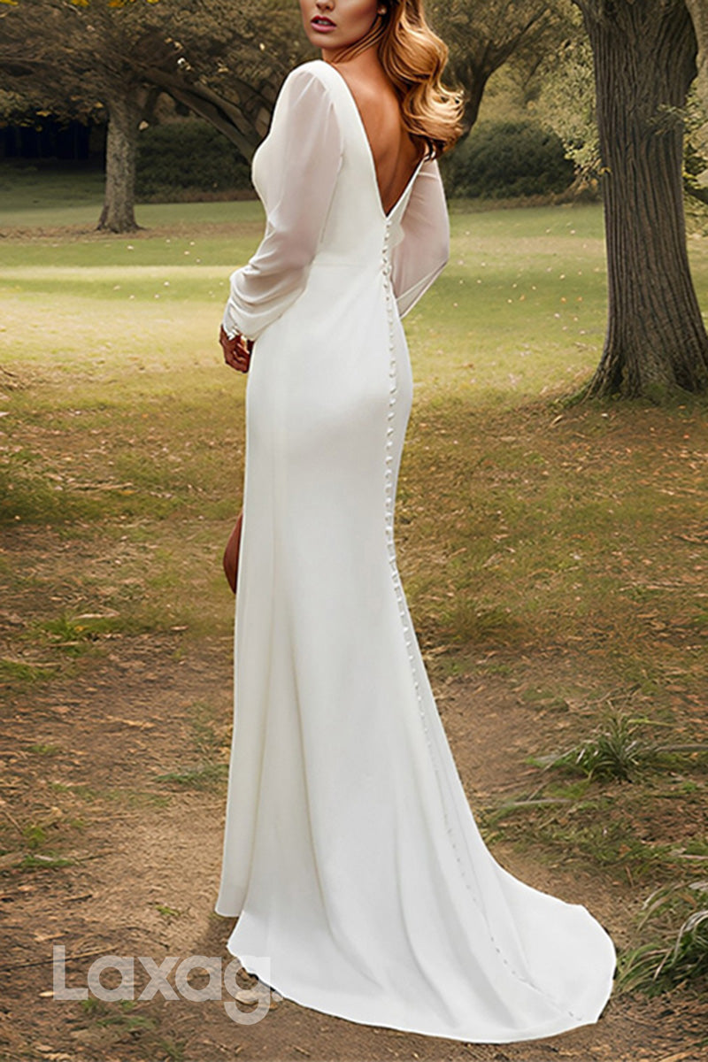 22983 - V-Neck Long Sleeves Open Back Sleek Satin Wedding Dress with Slit and Train - Fashionpara