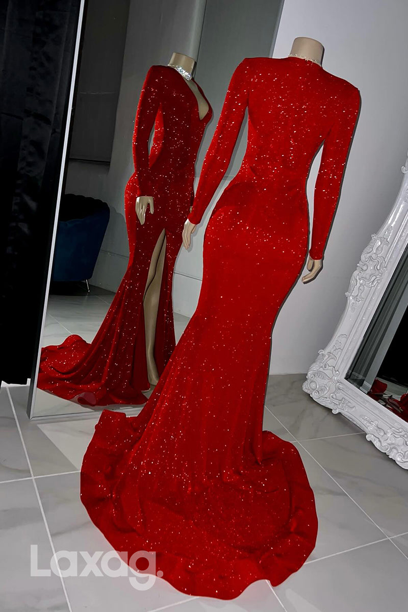 22468 - V-Neck Long Sleeves Sequins High Slit Mermaid Prom Dresses for Black Girl Slay - Fashionpara