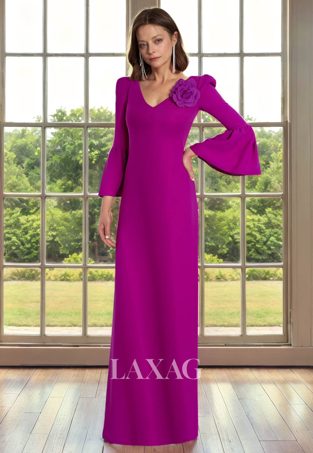 V-Neck Long Sleeves Sleek Satin Elegant Mother of the Bride Dress with Slit - Fashionpara