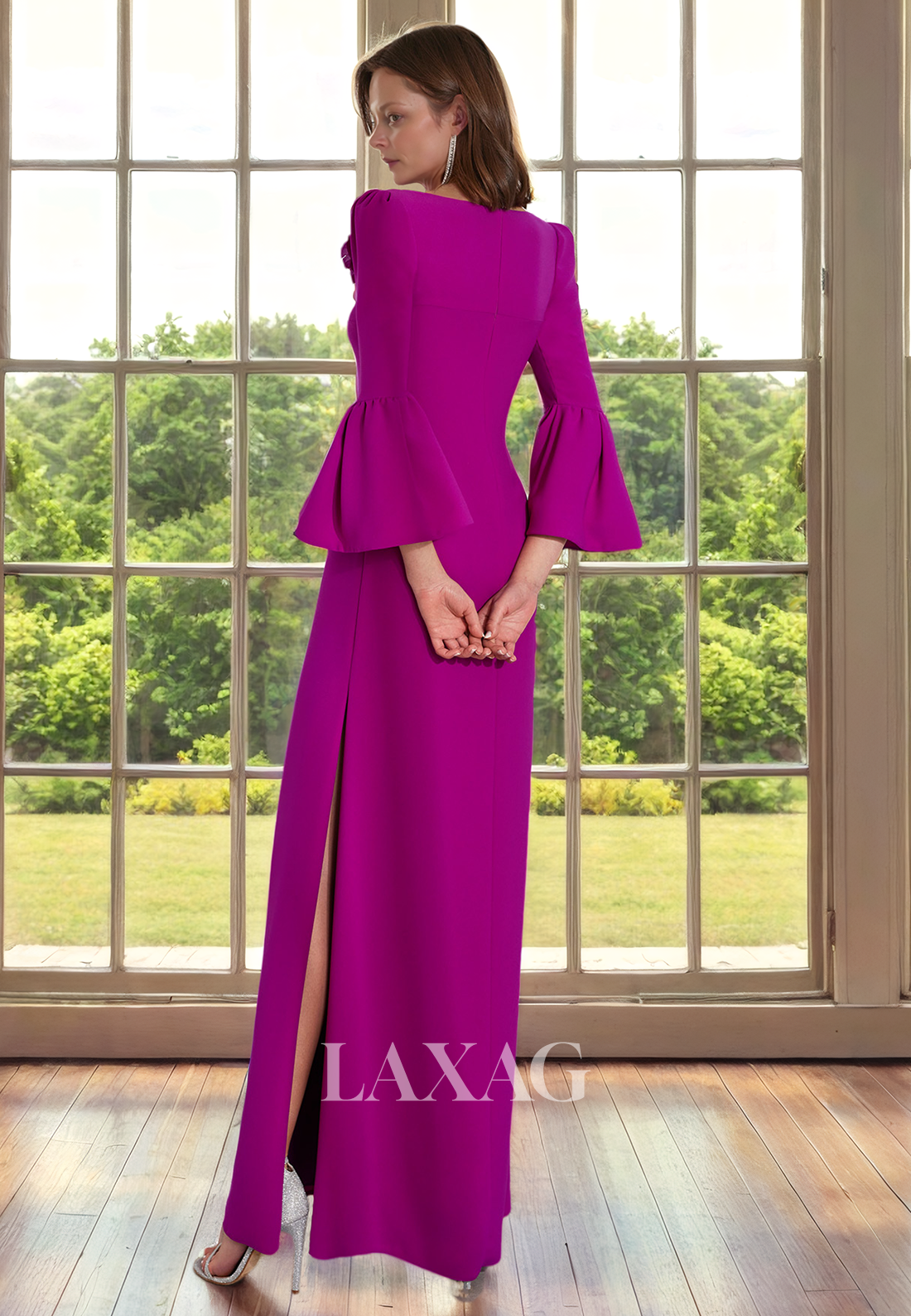 V-Neck Long Sleeves Sleek Satin Elegant Mother of the Bride Dress with Slit - Fashionpara