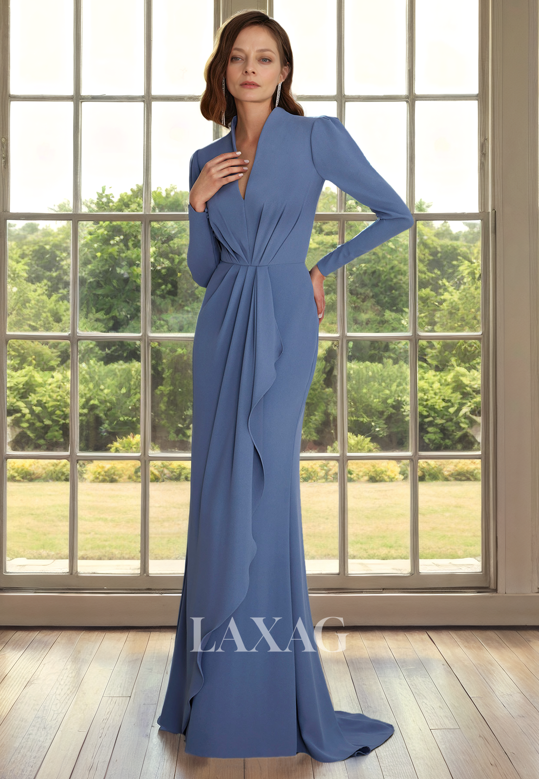 V-Neck Long Sleeves Sleek Satin Elegant Mother of the Bride Dress with Train - Fashionpara