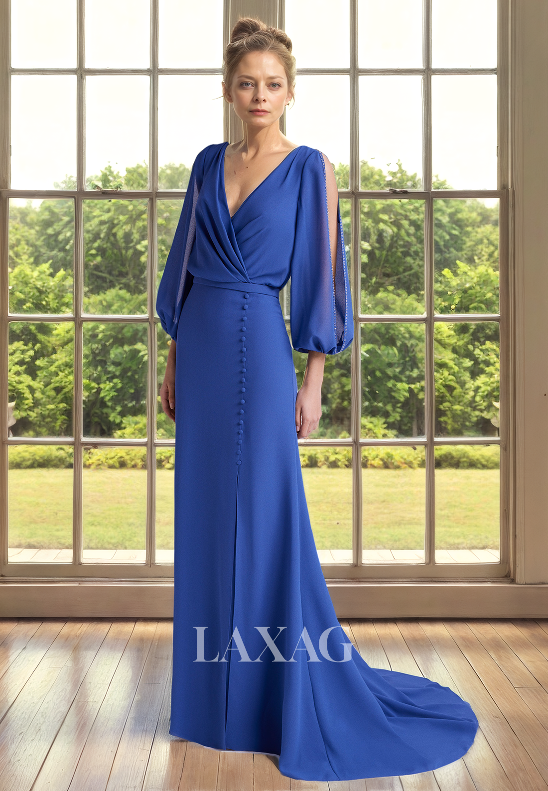 V-Neck Long Sleeves Sleek Satin Elegant Mother of the Bride Dress with Train - Fashionpara