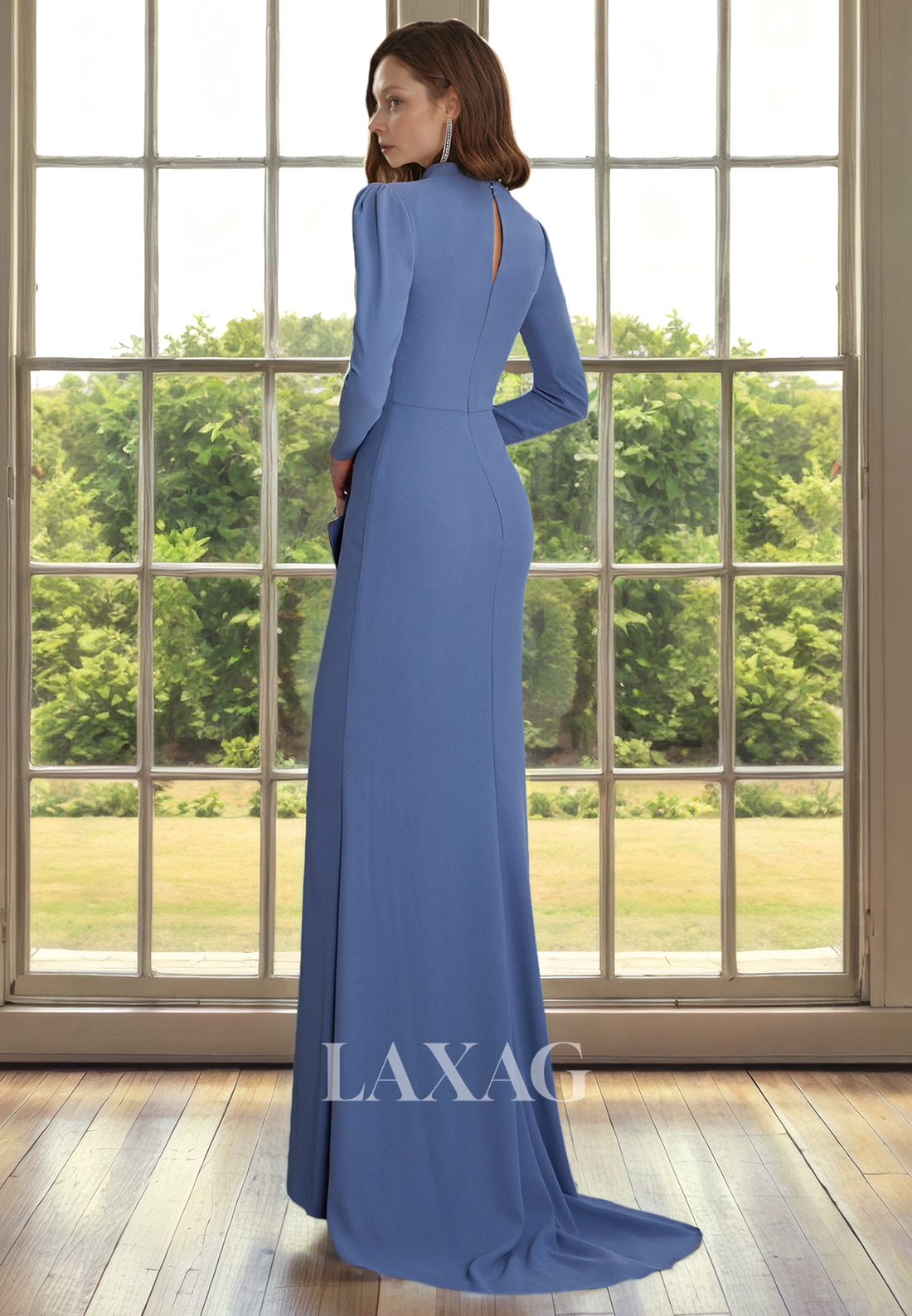 V-Neck Long Sleeves Sleek Satin Elegant Mother of the Bride Dress with Train - Fashionpara