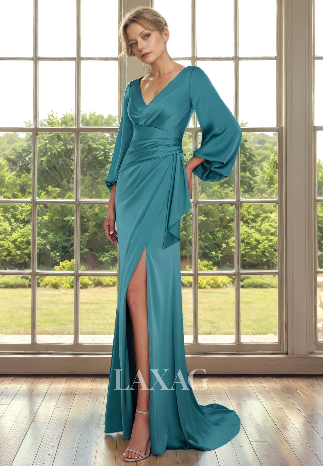 V-Neck Long Sleeves Sleek Satin Mother of the Bride Dress with Slit and Train - Fashionpara