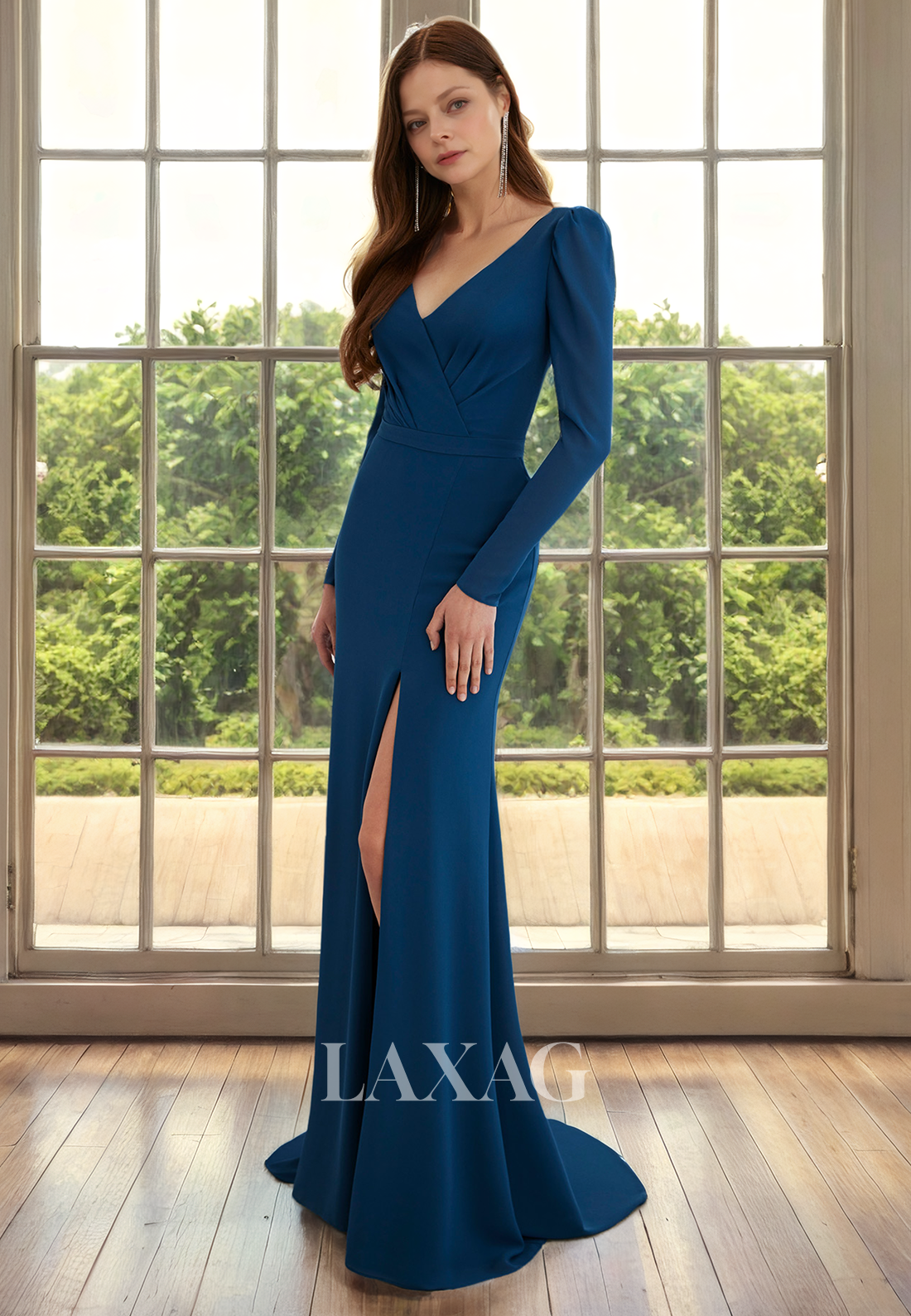 V-Neck Long Sleeves Sleek Satin Mother of the Bride Dress with Slit and Train - Fashionpara