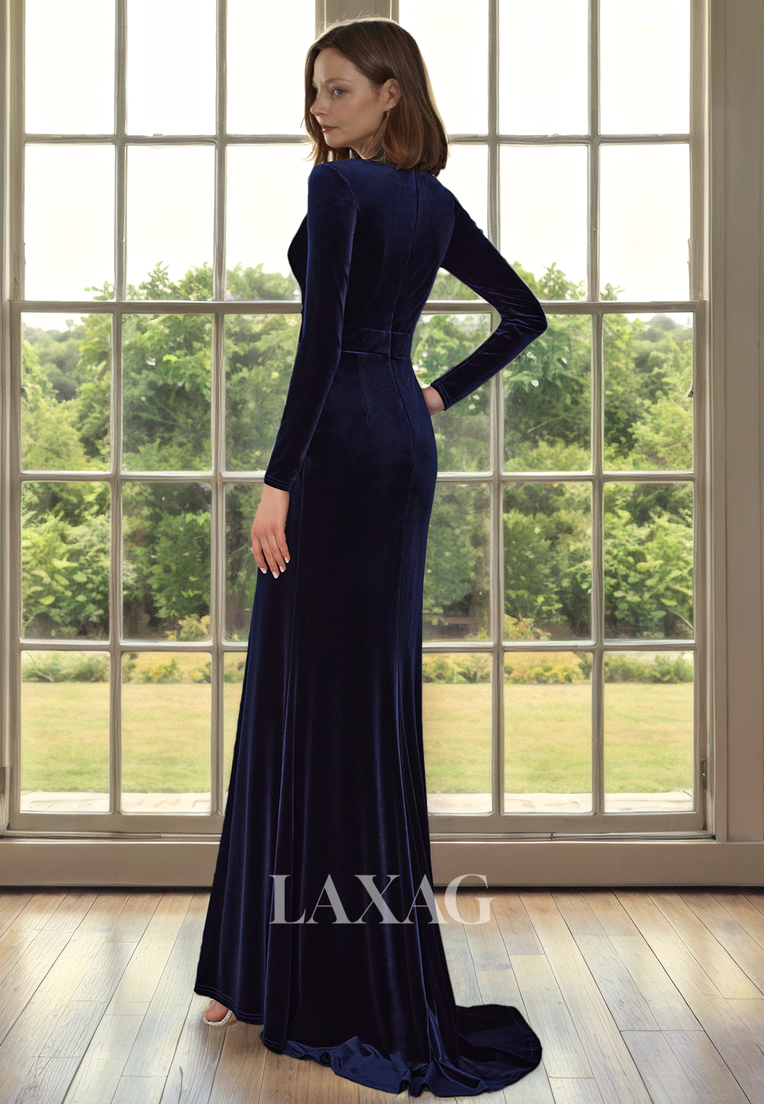 V-Neck Long Sleeves Sleek Satin Mother of the Bride Dress with Slit and Train - Fashionpara