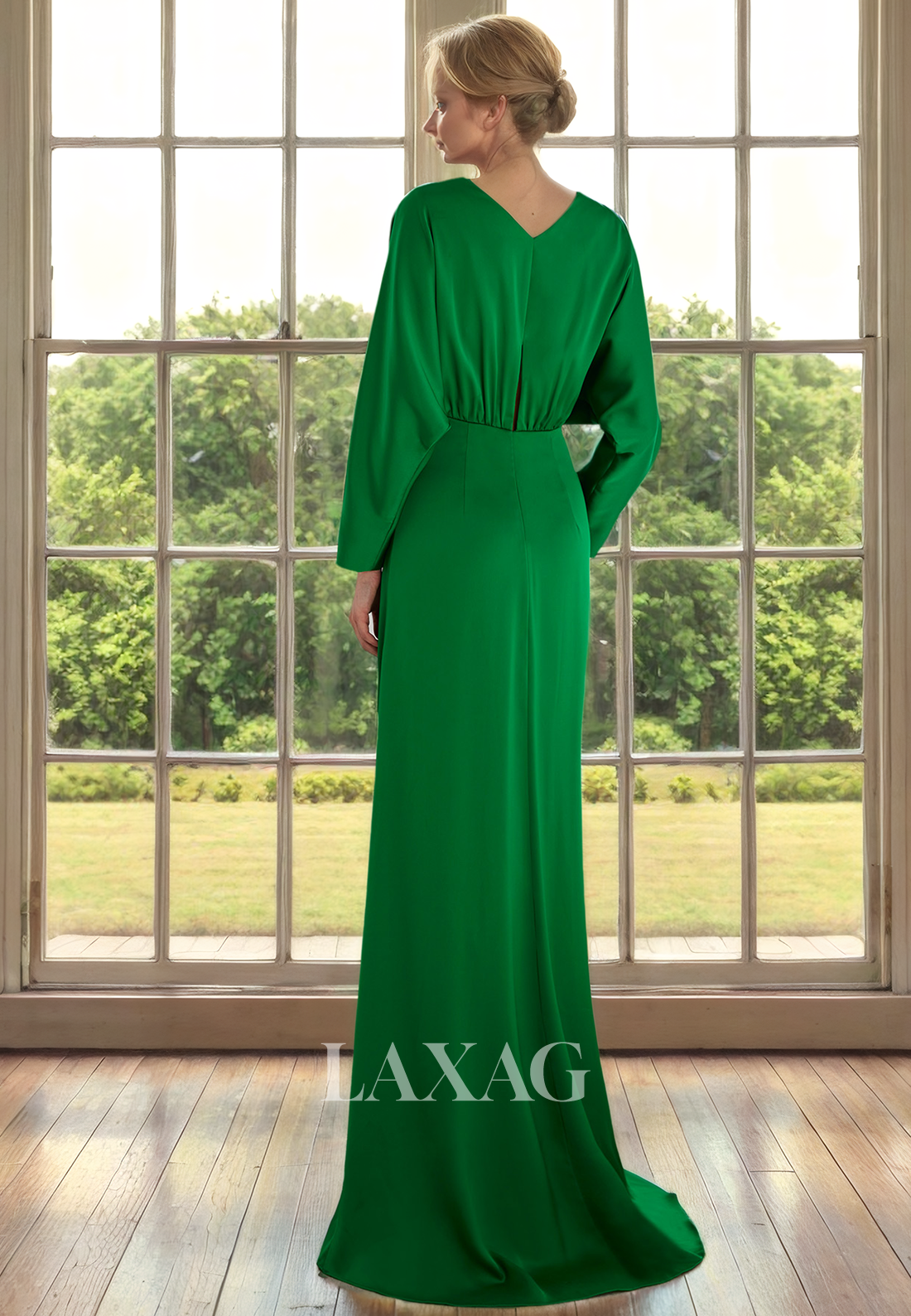 V-Neck Long Sleeves Sleek Satin Mother of the Bride Dress with Slit and Train - Fashionpara