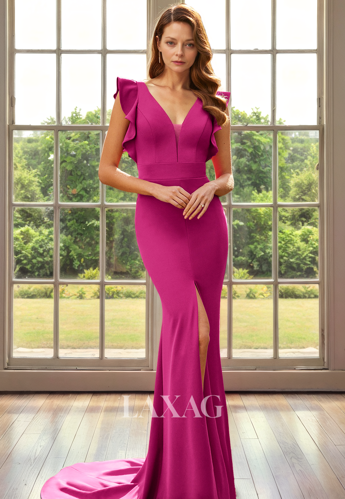 V-Neck Open Back Sleek Satin Mermaid Mother of the Bride Dress with Slit and Train - Fashionpara