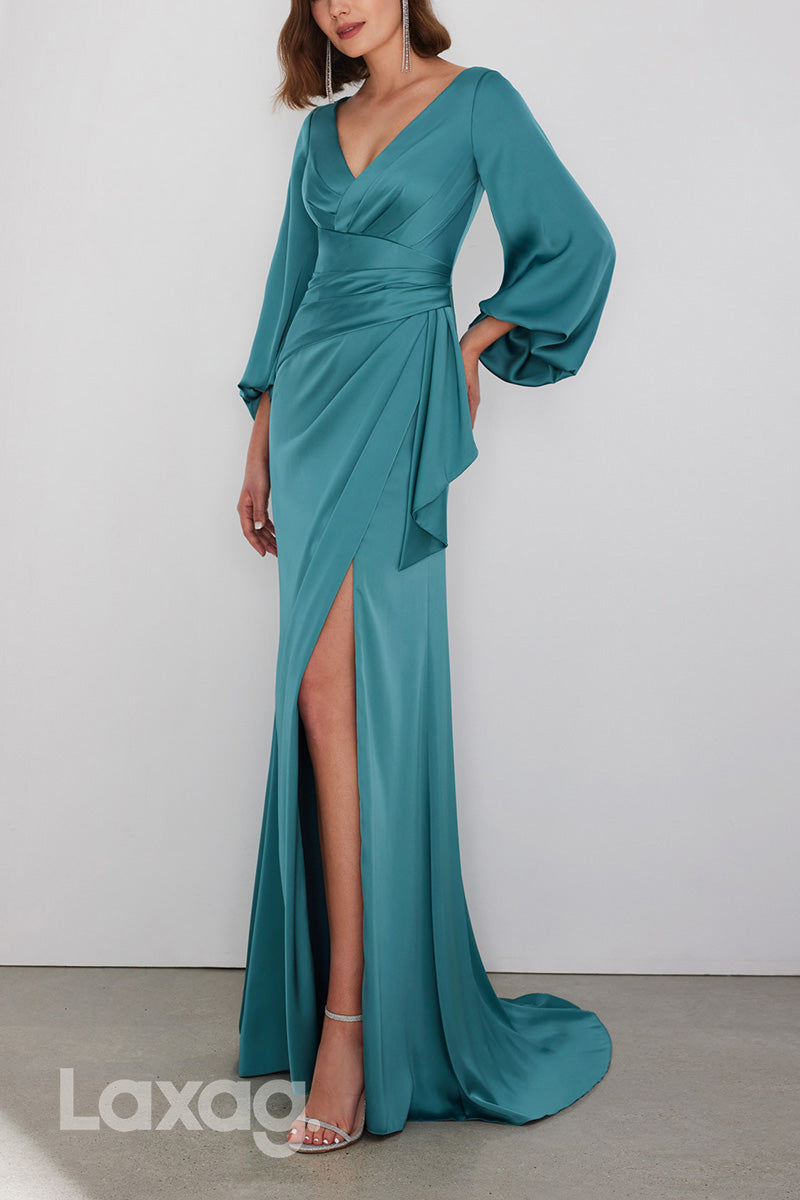 22961 - V-Neck Puff Sleeves Cocktail Party Formal Evening Dress with Slit and Train - Fashionpara