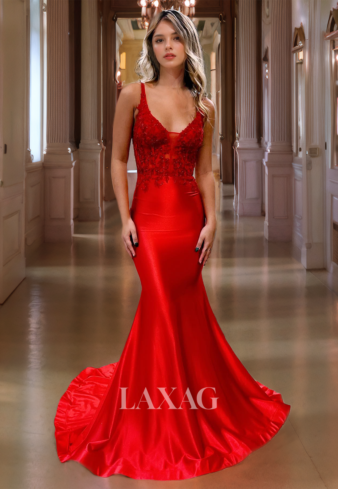 V-Neck Sequin Satin Court Train Trumpet&Mermaid Prom Dress Cocktail Dress - Fashionpara