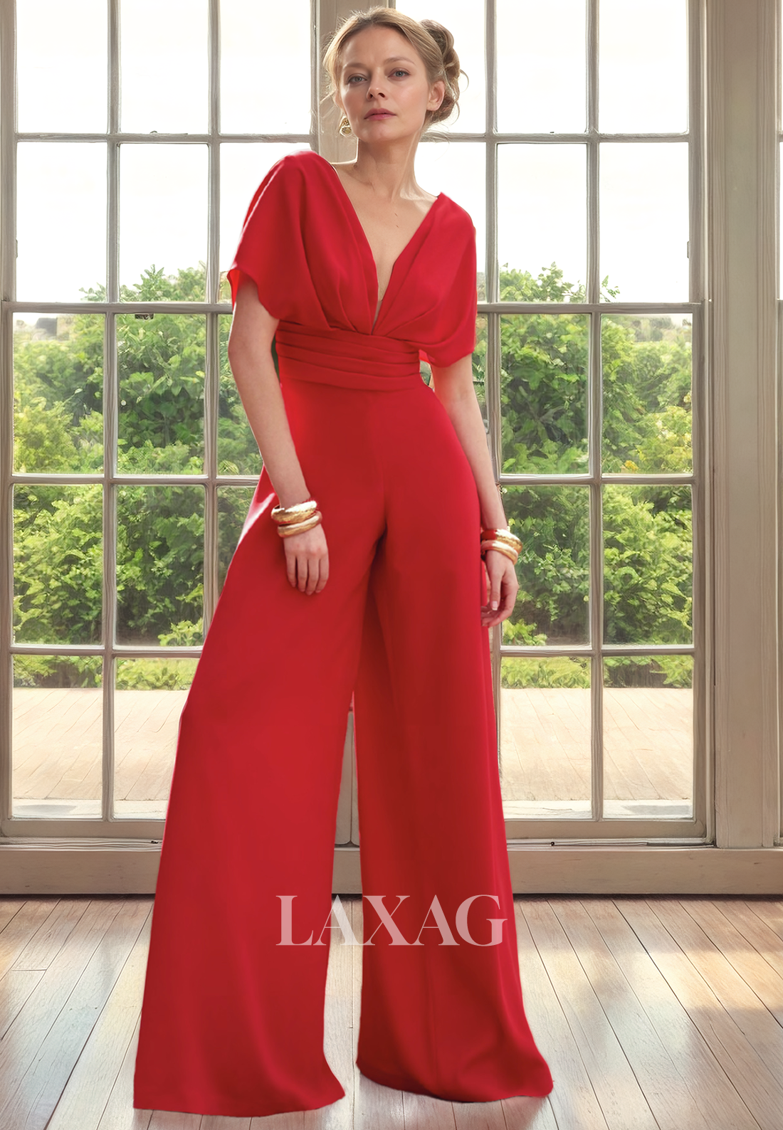 V-Neck Short Sleeves PantSuit Floor-Length Mother Of the Bride Dress - Fashionpara