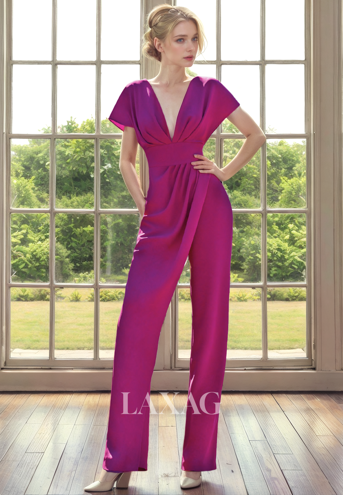 V-Neck Short Sleeves PantSuit Sleek Satin Elegant Mother Of the Bride Dress - Fashionpara