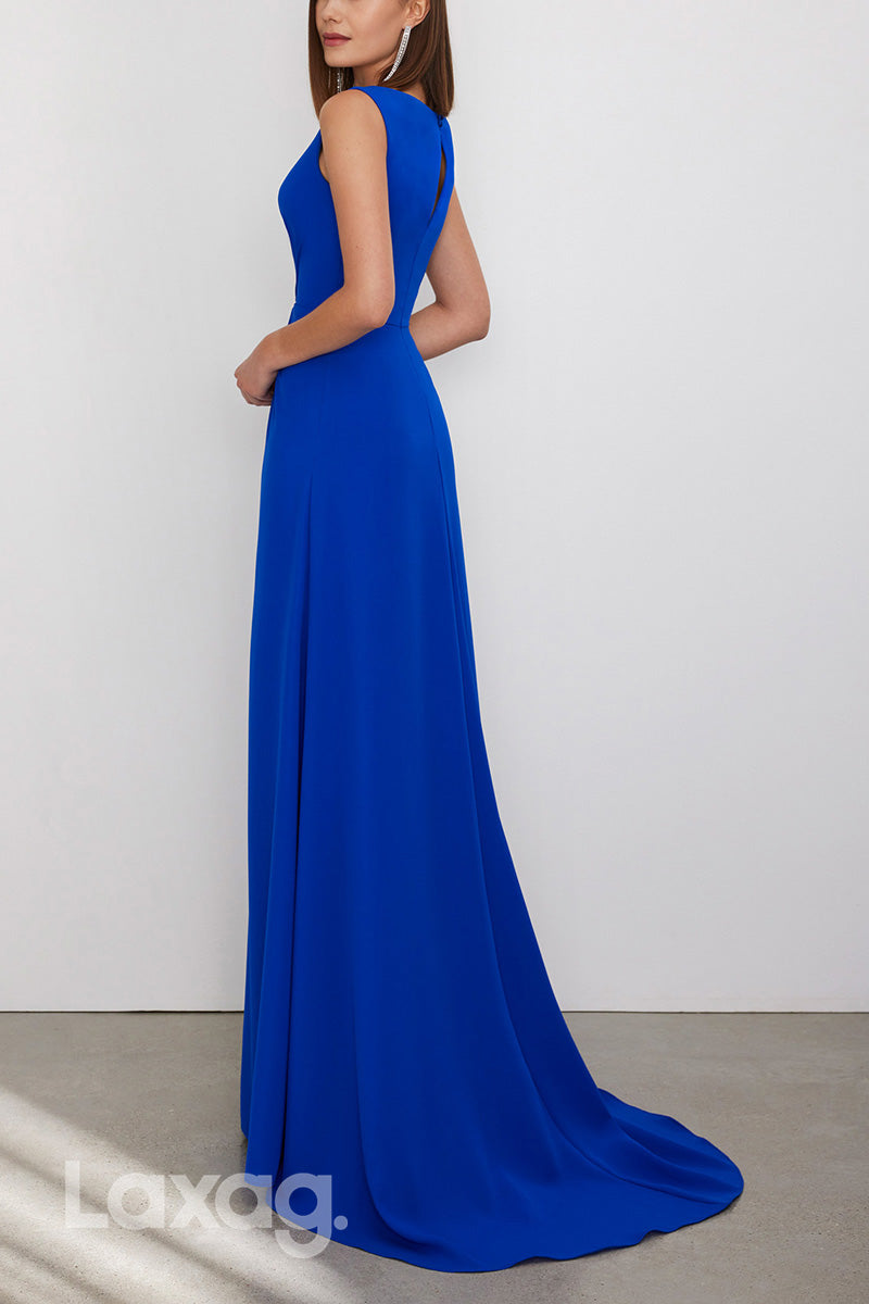 22972 - V-Neck Sleeveless Cocktail Party Formal Evening Dress with Slit and Train - Fashionpara