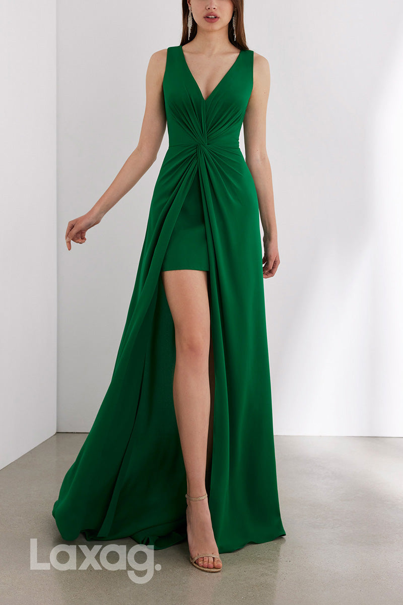 22972 - V-Neck Sleeveless Cocktail Party Formal Evening Dress with Slit and Train - Fashionpara