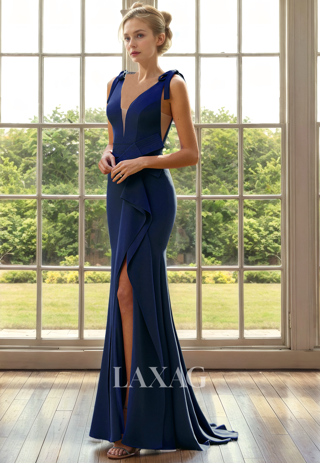 V-Neck Sleeveless Sleek Satin Mermaid  Mother of the Bride Dress with Slit - Fashionpara