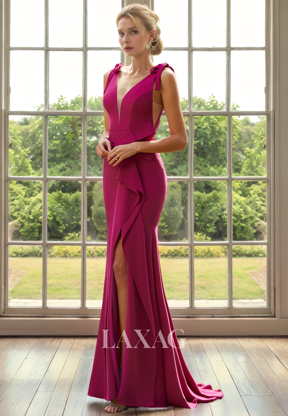 V-Neck Sleeveless Sleek Satin Mermaid  Mother of the Bride Dress with Slit - Fashionpara