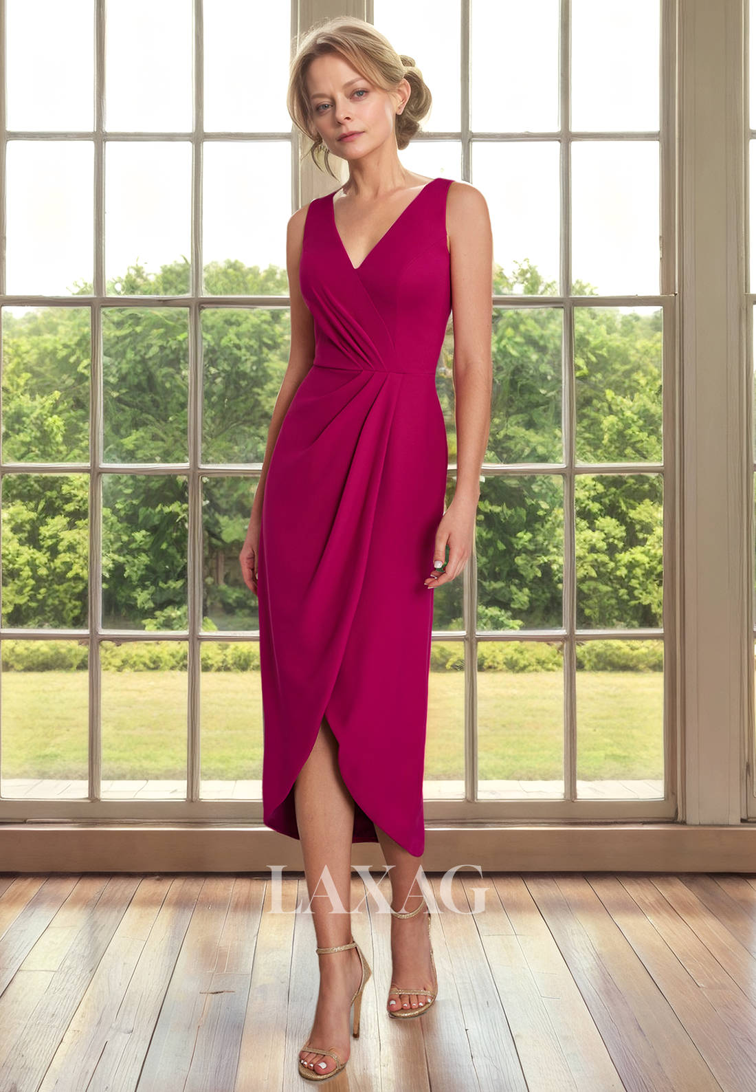 V-Neck Sleeveless Sleek Satin Tea-Length Elegant Mother of the Bride Dress - Fashionpara