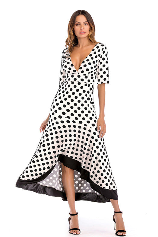 V-neck Polka Dot Asymmetrical Ruffle Hem Backless Dress - Mislish