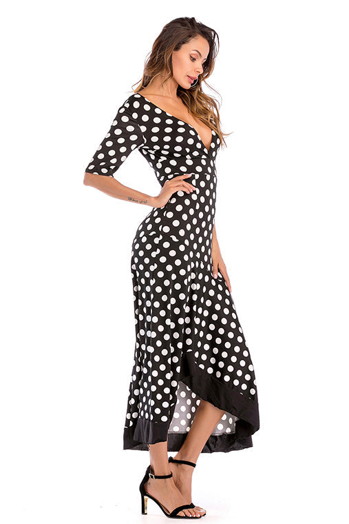 V-neck Polka Dot Asymmetrical Ruffle Hem Backless Dress