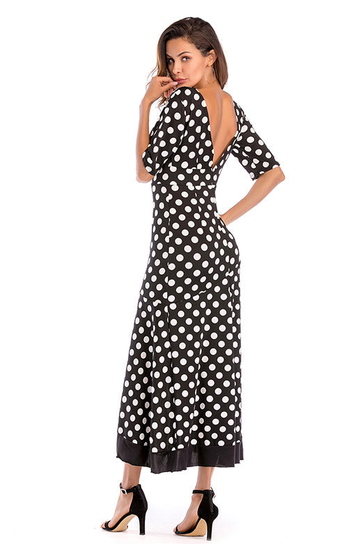 V-neck Polka Dot Asymmetrical Ruffle Hem Backless Dress